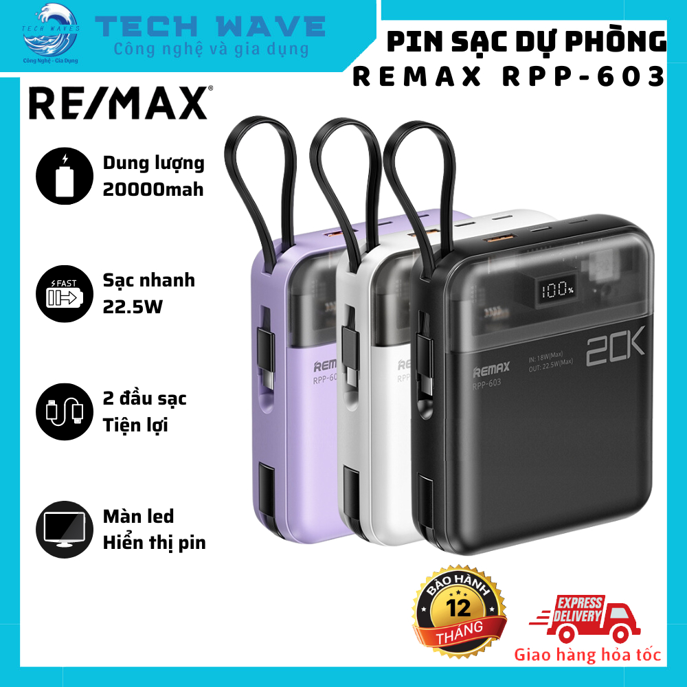 Sạc dự phòng REMAX RPP-603 - Dung lượng 20000mah - Công suất 22.5w - 2 đầu sạc - Đầu vào tối đa 20w