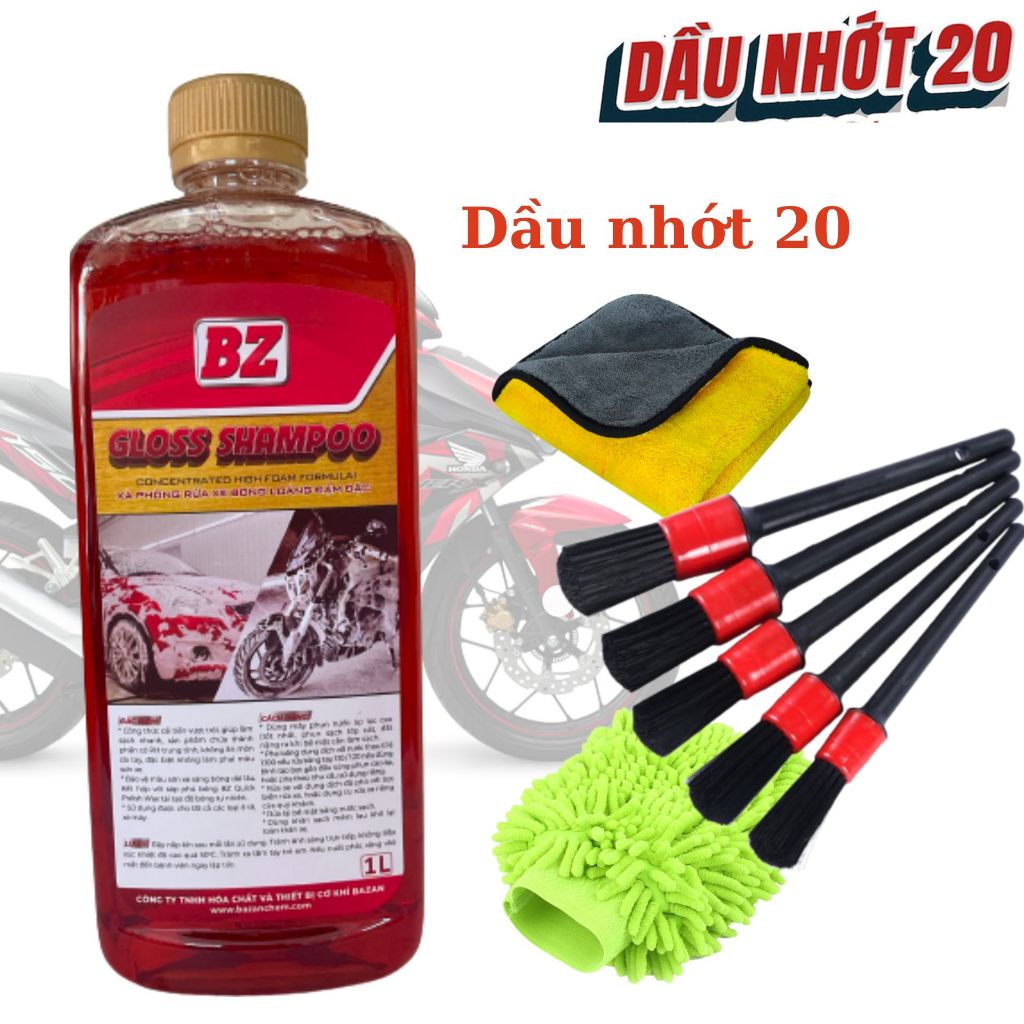 [Com siêu khủng] Nước BZ rửa xe Gloss Shampoo rửa xe bọt tuyết + Bộ cọ cán đen 5 cây + khăn vàng xám
