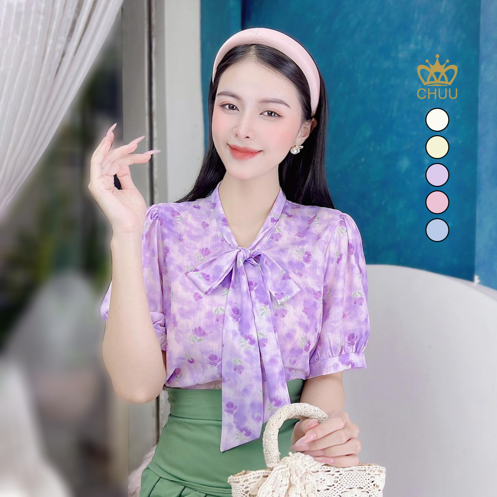 Áo sơ mi lụa thắt nơ kiểu tay phồng CHUU A1642