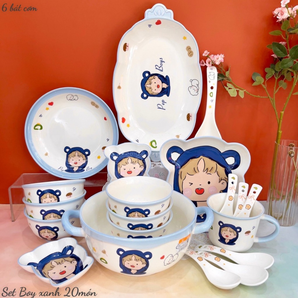 Bộ Bát Đĩa Gốm Sứ Decor, Bát Ăn Cơm, Bát Ăn Chè, Chén Dĩa Dễ Thương Bộ Bát Đĩa Boy cute dễ thương