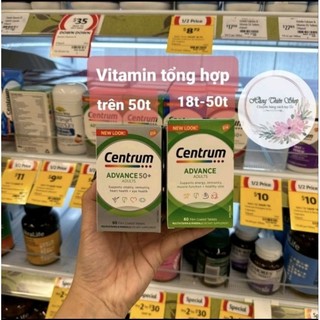 (Đủ bill) Tổng Hợp cho người trên và dưới 50 tuổi Centrum Advance 50+, For Adult 100v