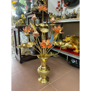 combo 1 lọ hoa bằng đồng cao 30cm +1 bó sen vàng 15 bông