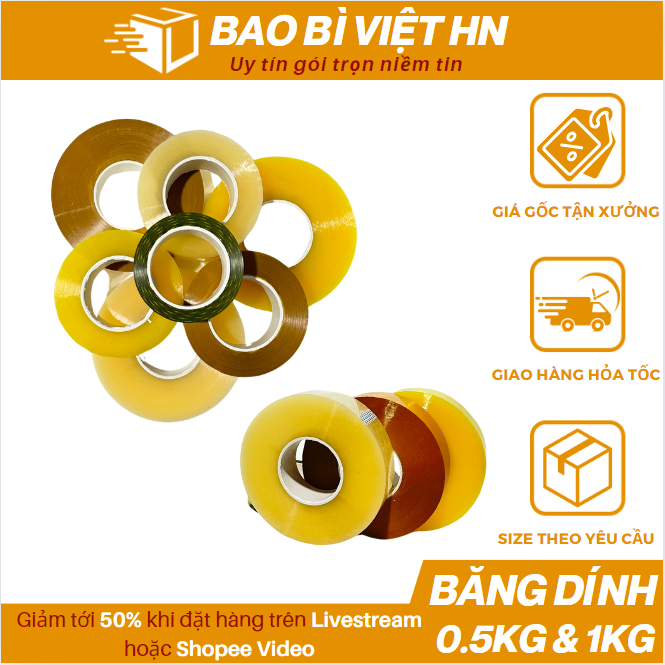 Băng dính đóng gói hàng 0,5kg và 1kg trong suốt lõi mỏng đóng hàng - Bao Bì Việt HN