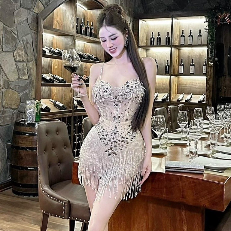 Đầm 2 dây đính đá tua rua gợi cảm nhà KT CLOTHING