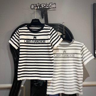 Áo len mongtoghi cộc tay cổ tròn kẻ ngang, kiểu áo chất len mỏng mặc hè 494