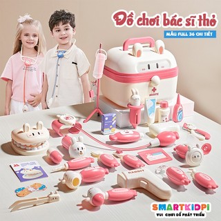   Bản full  - Đồ chơi bác sĩ thỏ 36 chết gồm hộp y tế ống nghe dụng cụ nha sĩ khám răng cho bé 