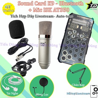 Mic thu âm AT350 Sound Card K9 Tiếng Anh Tích hợp Pin , Autotune Chân Kẹp Màng Tặng Tai Nghe