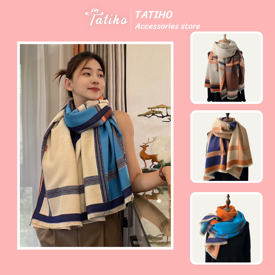 Khăn len choàng cổ họa tiết ngựa phối màu tươi sáng phong cách Hàn Quốc, Khăn Cashmere thời trang thu đông - Mã LN046