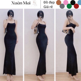 [FREESHIP] Đầm body nữ vải len tăm mỏng hai dây có tăng đơ điều chỉnh form dài đuôi cá xoè dài 1m3 form chuẩn hình