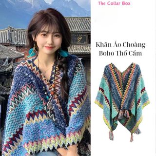 Áo choàng len thổ cẩm mùa thu đông cho nữ khăn len quàng cổ phong cách boho cổ điển dân tộc - Mã AC0204 The Collar Box