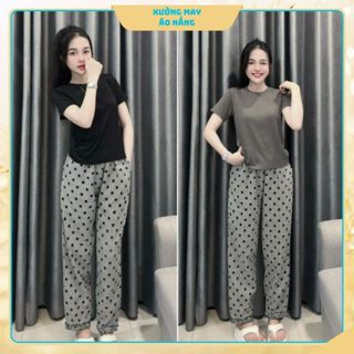 Set bộ nữ áo thun gân cổ tròn kết hợp quần chấm bi dáng baggy phối gấu bèo