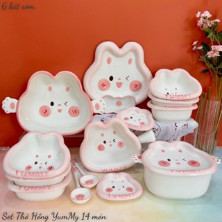 Bộ Bát Đĩa Gốm Sứ Decor, Bát Ăn Cơm, Bát Ăn Chè, Chén Dĩa Dễ Thương Bộ Thỏ Hồng YumMy Cực Xinh Yêu