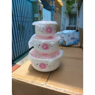Bộ 3 Thố sứ Tráng men cao cắp, Có nắp đậy