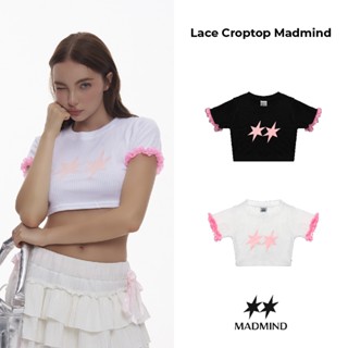  MADMIND - Áo Thun CropTop Tay Ngắn Ôm Body Ren Hồng Coquette Lace Madmind - Màu Trắng   Đen 