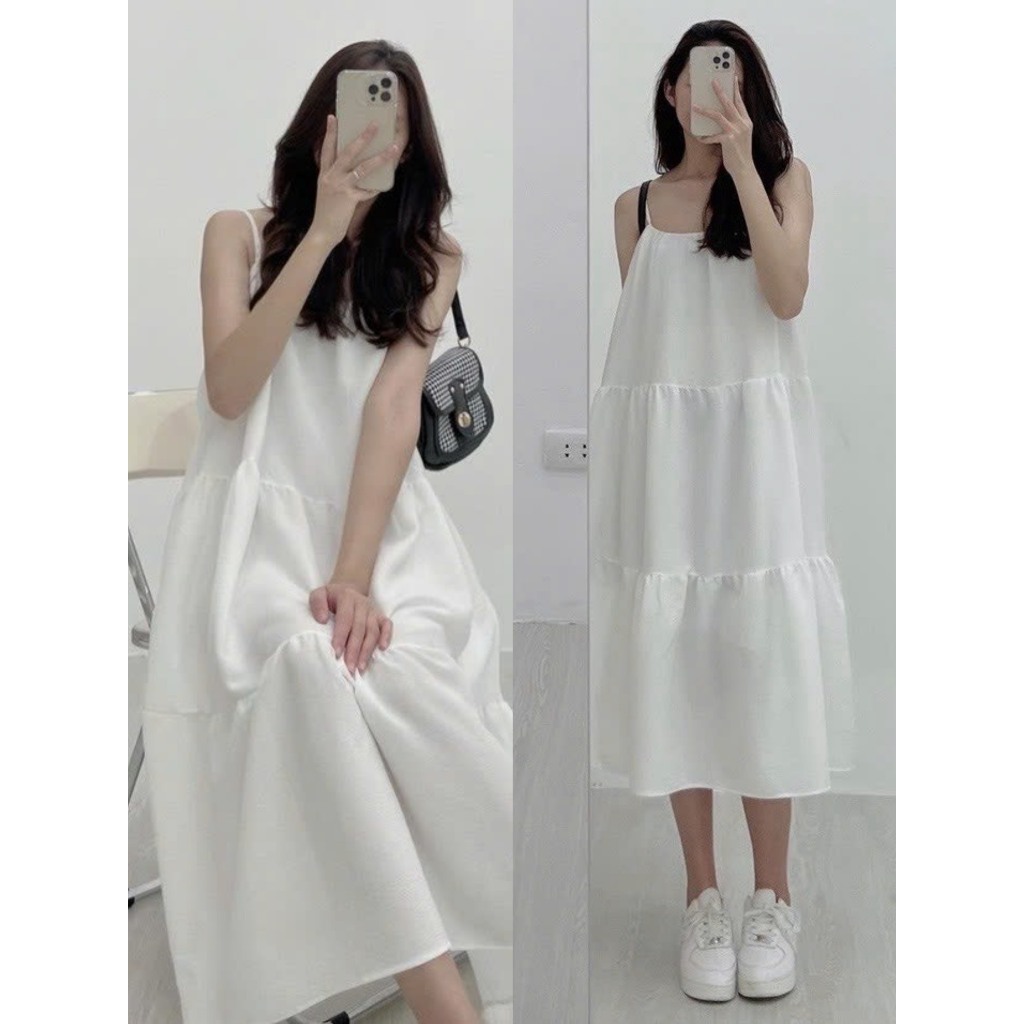 Xả kho - Đầm 2 dây xuông maxi, Váy 2 dây dài suông 3 tầng tùy chỉnh dây đi biển