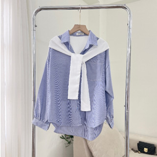 Áo Sơ Mi Kèm Khăn Choàng Kẻ Sọc Nhí Form Rộng Tay Dài Phồng Freesize Form Hàn (Khăn Liền Áo)