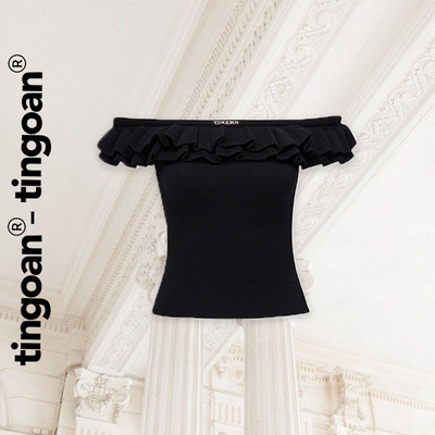 TINGOAN® - Áo len xù đen trễ vai phối hai bèo XING XING TOP/BL