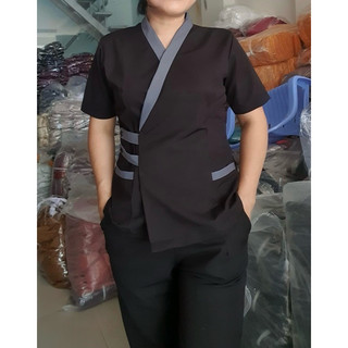 Đồng phục spa đen viền xám