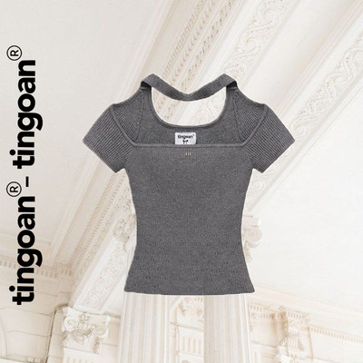 TINGOAN® - Áo len xù ngắn tay xám phối dây choker cổ GISELLE TOP/GR