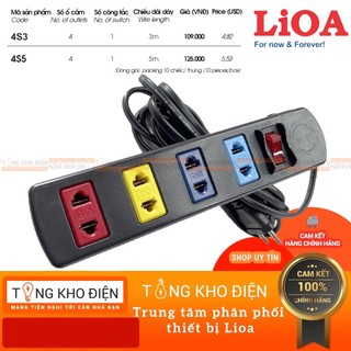 Ổ cắm điện LIOA, 4 lỗ, có công tắc, có bảo vệ quá tải ~2200W, dây dài 3m/5m, mã: 4S