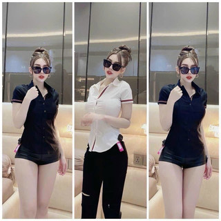 Áo sơ mi tay ngắn viền màu dọc hàng cúc cổ tay cực hot , chất kate lụa mềm mịn mát