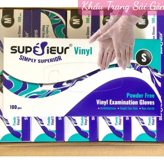 Găng tay y tế không bột VINYL SUPERIEUR trắng trong 100 cái chuyên dùng thực phẩm, Phòng sạch, điện tử
