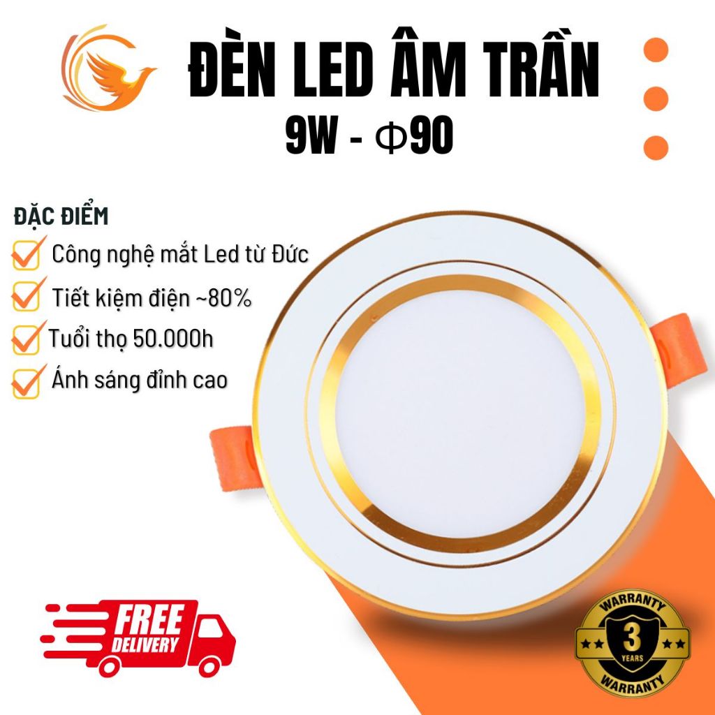 [NGUỒN LIỀN] Đèn Âm Trần 9W Phi 90 | Ánh Sáng 1 Màu 3 Màu | Đế Đúc | Đèn LED Mắt Trâu | Bảo Hành 3 Năm