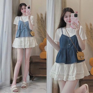 Set 3 Món Tách: Áo Thun Trắng Phối Rời Yếm Bò 2 Dây Cúc Ngọc Mix Chân Váy Tơ Xếp Ly Trẻ Trung Hack Tuổi (Ảnh Thật)