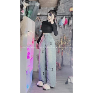 Set Baggy Jeans Ống Rộng Thêu YLs+ Áo Cổ Lọ Tay Dài