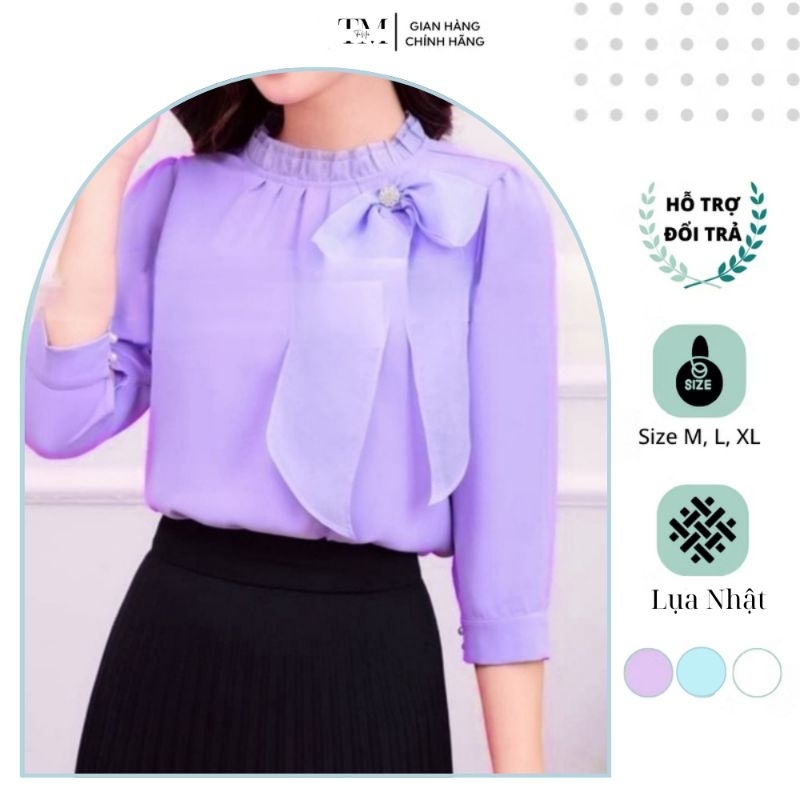 Áo kiểu nữ tay lửng,cổ bèo kèm đính nơ,áo sơ mi nữ công sở chất liệu lụa Nhật.MS:0029