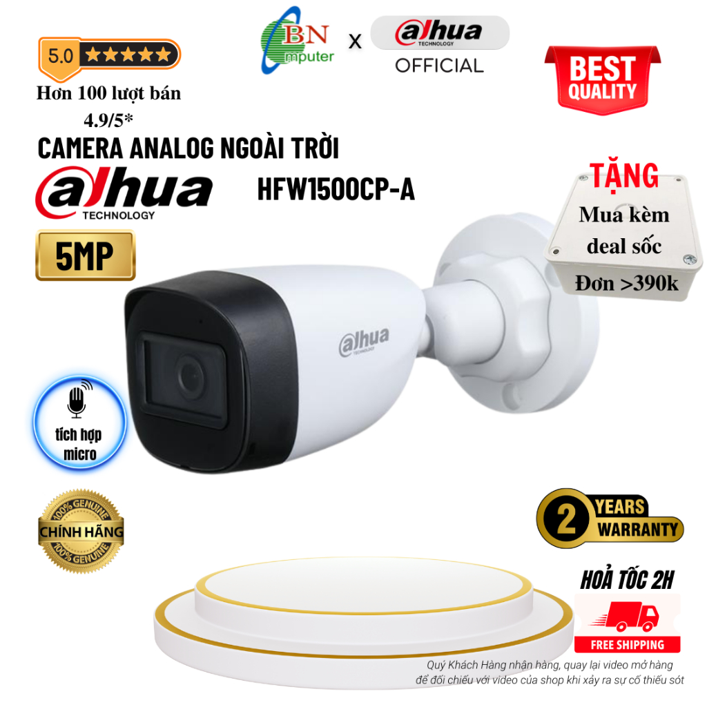 Camera analog HDCVI HFW1500CP-A 5MP thân, có micro, bảo hành 24 tháng