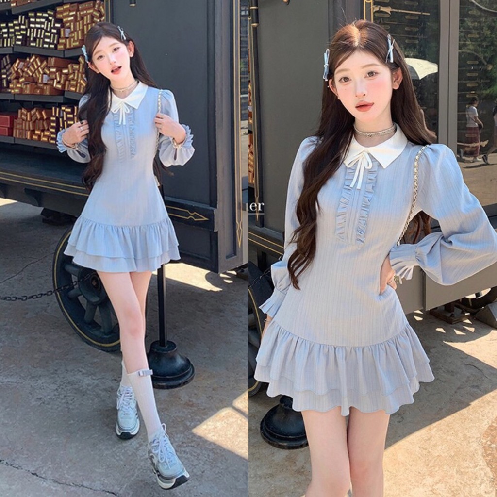 (Sẵn 3 Size): Váy Xanh Phối Beog Ngực Nơ Cổ Sơ Mi Thiết Kế Tay Chiết Bèo Chất Đũi Gân Xinh Xắn | BigBuy360 - bigbuy360.vn