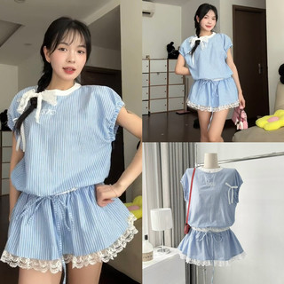 Jump Váy Kẻ Sọc Xanh Tay Hến Bo Chun Phối Ren C.Z siêu xinh