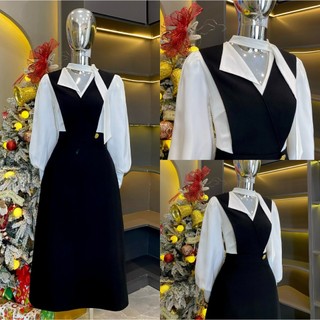 Váy Thiết Kế Evii E72 dành cho nữ Đầm thiết kể cổ bẻ bất đối xứng dây nơ may liền dài tay (tặng kèm tag cài) dáng A dài