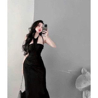 đầm gân yếm tam giác 2 dây dáng dài xinh màu đen