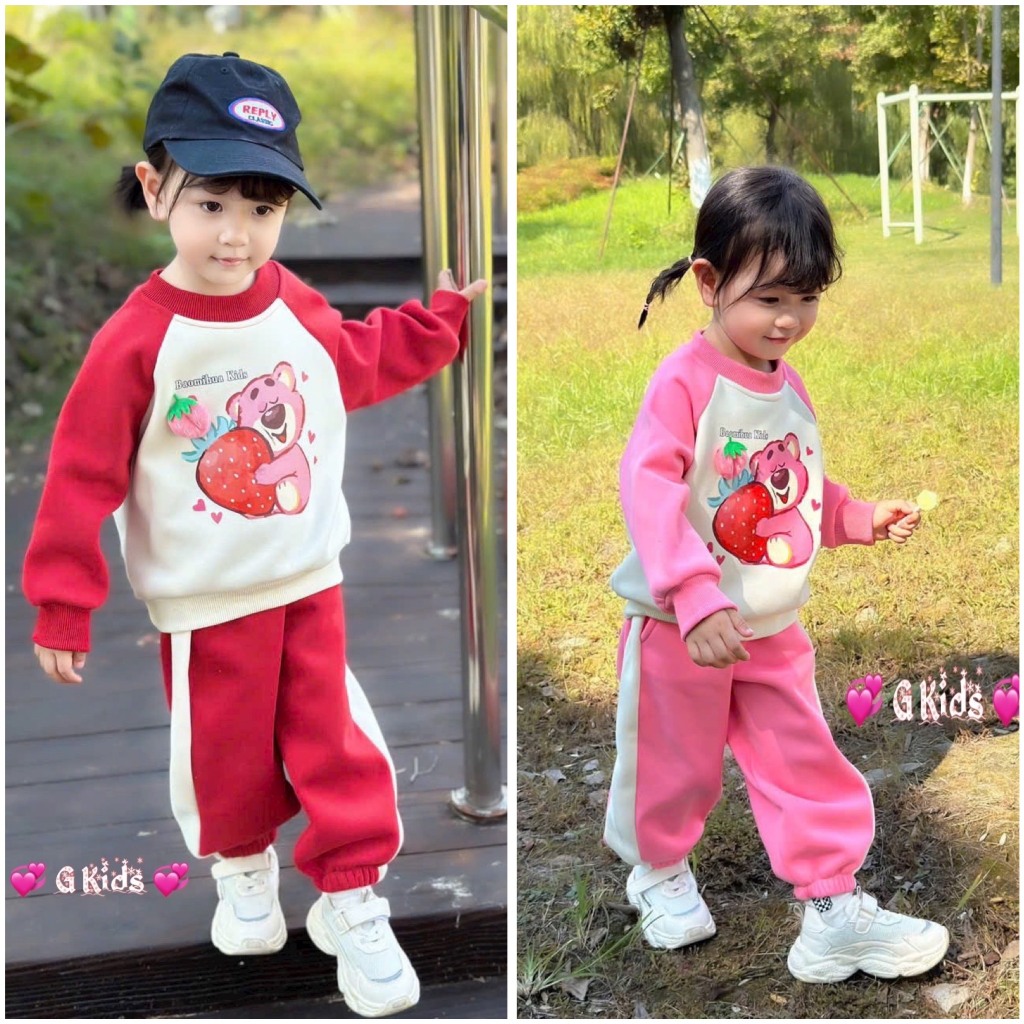 Quần áo thu đông cho bé gái, bộ đồ thu đông cho bé gái. Set gấu dâu siêu đáng yêu cho bé gái từ 1 đế