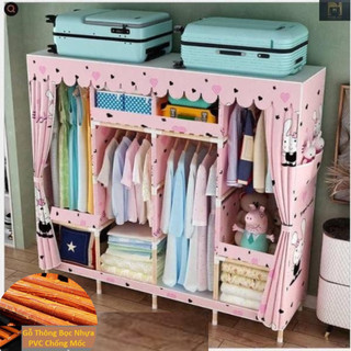Tủ Vải Khung Gỗ 4 Buồng Bọc Nhựa Loại treo quần áo vải cotton không ẩm mốc loại TỐT