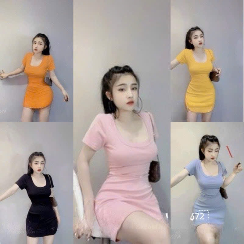 đầm body ngắn tay ngắn cổ tròn trơn basic