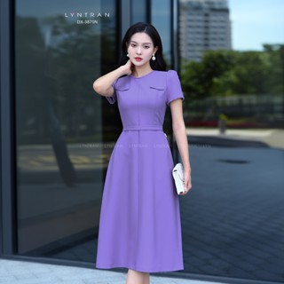 Váy xòe công sở cổ tròn đầm midi ngắn tay vai bồng LYNTRAN DX-3870N
