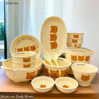 Bộ Bát Đĩa Gốm Sứ Decor, Bát Ăn Cơm, Bát Ăn Chè, Chén Dĩa Dễ Thương Bộ Gấu Vàng cute dễ thương