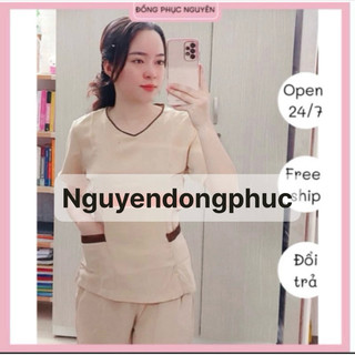 Đồng phục spa màu kem viền nâu tây