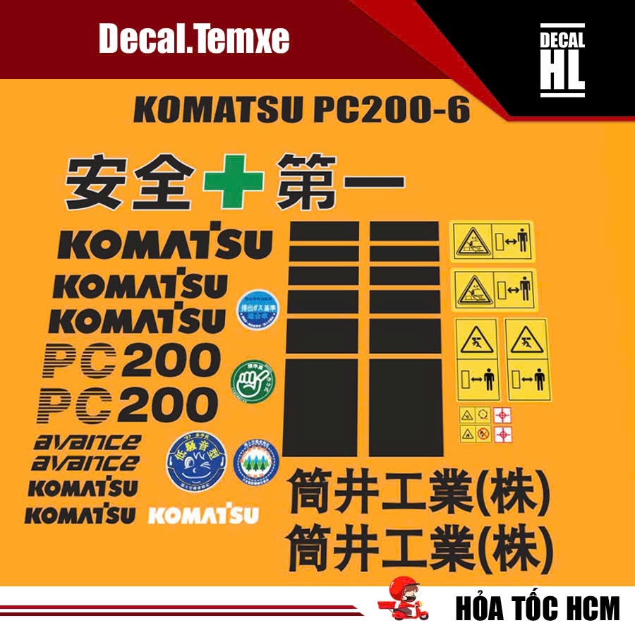 Bộ tem dán máy xúc đào Komatsu Pc200-6. Tem dán máy xúc Komatsu