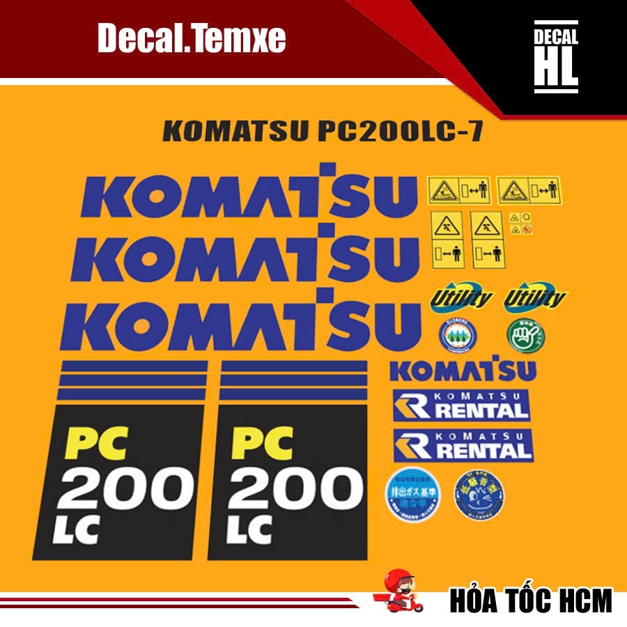 Bộ tem dán máy xúc đào Komatsu Pc200Lc-7. Tem máy xúc Komatsu