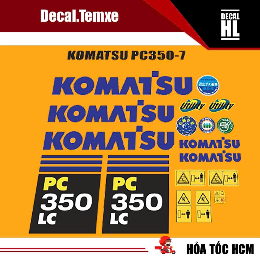 Bộ tem dán máy xúc Komatsu Pc350lc-7. Tem dán máy xúc Komatsu đầy đủ như hình , tem chất lượng