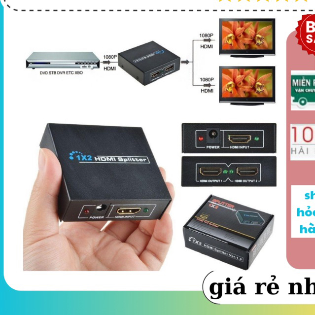 Bộ Chia HDMI 1 ra 2 1080, bộ chia hdmi 1 ra 2 cổng HDMI hỗ trợ xem cùng lúc 2 máy tính, hoặc 2 máy c