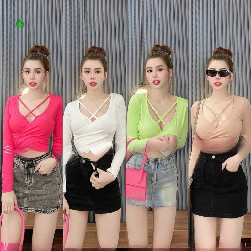 áo tay dài croptop đắp chéo dây chéo cổ chất thun bozip