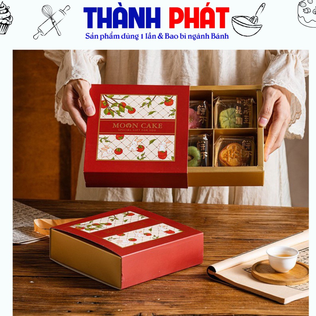10 Hộp 4 bánh Lựu đỏ đế vàng đựng bánh trung thu 75g - Hộp 4 bánh lava trứng chảy - Hộp 4 bánh trung