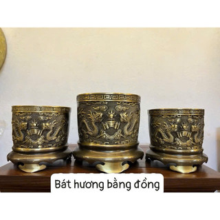 Lư hương đồng Chạm Khắc Rồng Phượng viền vàng nổi bật cao 16cm và 14cm