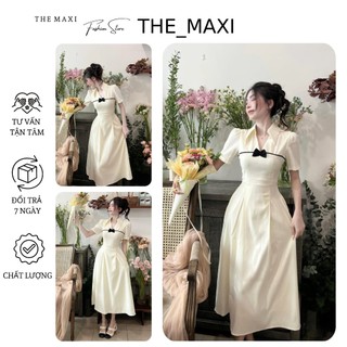 Đầm sơ mi xoè nơ nhẹ nhàng nữ tính Váy xoè thiết kế phối nơ dự tiệc đi chơi