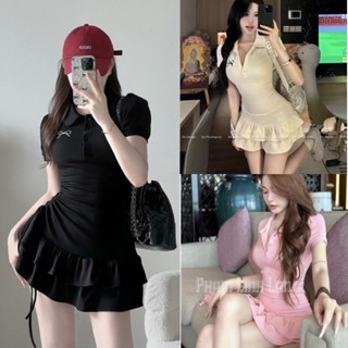 [KÈM QUẦN BẢO HỘ] Đầm váy nữ tay ngắn cổ bẻ polo ôm body đuôi cá xòe tầng rút dây eo dáng ngắn in nơ form dưới 53kg